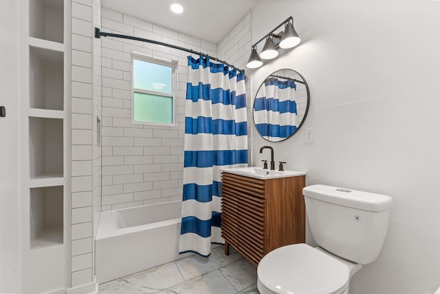 full bathroom featuring toilet, vanity, shower / tub combo, and marble look tile flooring
