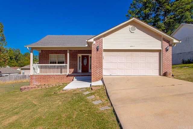 ranch-style home with brick siding, an attached garage, concrete driveway, a porch, and roof with shingles