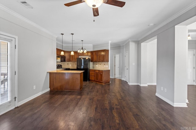 kitchen with black appliances, dark wood-style floors, brown cabinets, a ceiling fan, and ornamental molding