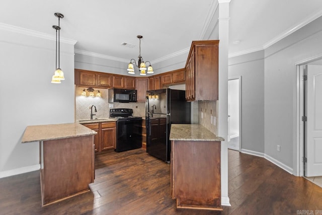 kitchen with black appliances, a peninsula, dark wood-style floors, decorative backsplash, and light stone counters