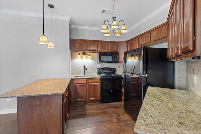 kitchen with black appliances, a sink, dark wood-style floors, decorative backsplash, and a chandelier