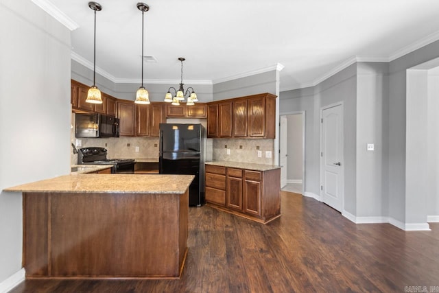 kitchen with black appliances, a peninsula, dark wood finished floors, light stone countertops, and decorative backsplash
