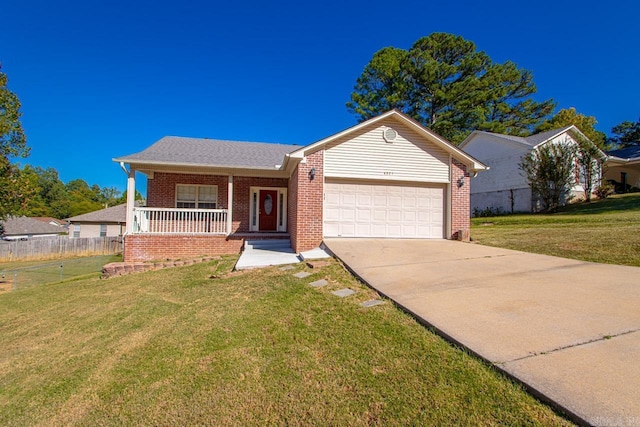 ranch-style house with a garage, driveway, brick siding, and covered porch