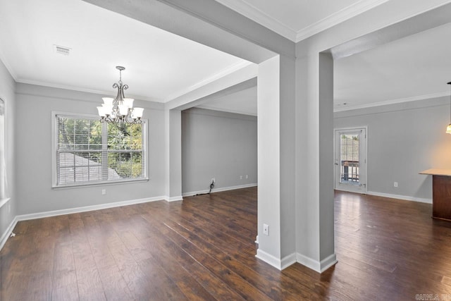 unfurnished dining area with a chandelier, plenty of natural light, dark wood-style flooring, ornamental molding, and baseboards