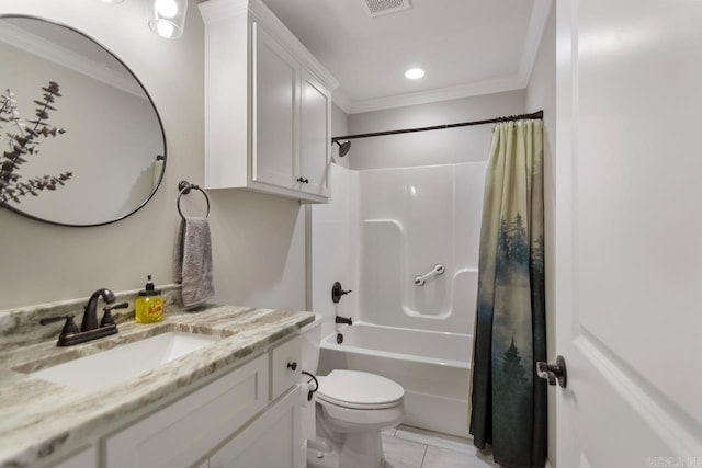 641 Lucy Ln, Alexander, AR 72002 - bathroom featuring ornamental molding, toilet, shower / bathtub combination with curtain, vanity, and tile patterned floors