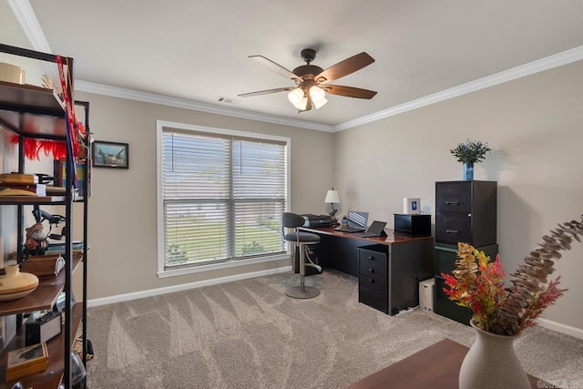 641 Lucy Ln, Alexander, AR 72002 - office area featuring ceiling fan, baseboards, carpet floors, and crown molding