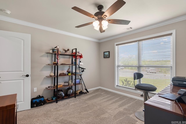 641 Lucy Ln, Alexander, AR 72002 - carpeted office featuring ceiling fan, crown molding, and baseboards