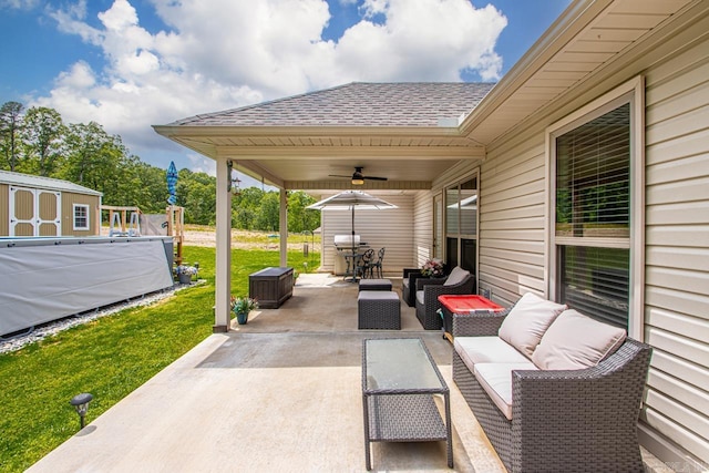 641 Lucy Ln, Alexander, AR 72002 - view of patio / terrace featuring outdoor lounge area, ceiling fan, an outdoor structure, a storage shed, and a pool