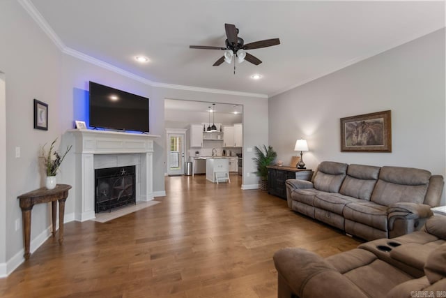 641 Lucy Ln, Alexander, AR 72002 - living room with ceiling fan, a fireplace, recessed lighting, crown molding, and wood finished floors