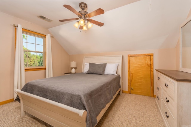 221 Skyline Dr, Greers Ferry, AR 72067 - bedroom with light carpet, lofted ceiling, baseboards, and ceiling fan