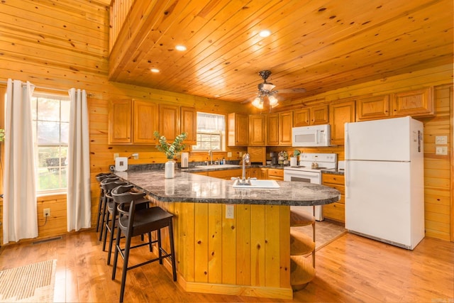 221 Skyline Dr, Greers Ferry, AR 72067 - kitchen featuring white appliances, a sink, light wood-style flooring, a kitchen breakfast bar, and wooden ceiling
