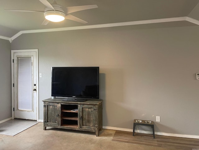 103 Sunflower Ln, Beebe, AR 72012 - unfurnished living room with crown molding, baseboards, ceiling fan, and vaulted ceiling