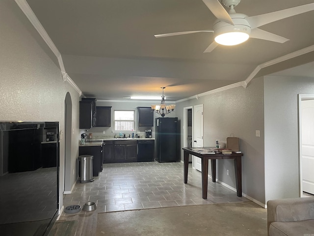 103 Sunflower Ln, Beebe, AR 72012 - kitchen with black appliances, ornamental molding, light countertops, a ceiling fan, and a chandelier