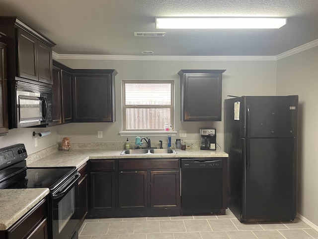 103 Sunflower Ln, Beebe, AR 72012 - kitchen featuring black appliances, a sink, crown molding, light countertops, and light tile patterned floors