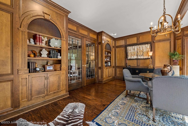 1920 Airpark Rd, Wynne, AR 72396 - home office with french doors, a chandelier, built in shelves, dark wood-style floors, and crown molding