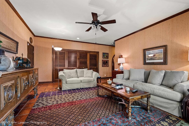 1920 Airpark Rd, Wynne, AR 72396 - tiled living area featuring crown molding and ceiling fan