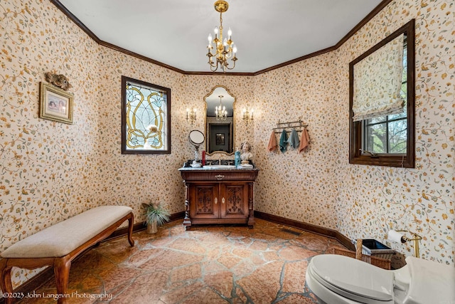 1920 Airpark Rd, Wynne, AR 72396 - bathroom featuring healthy amount of natural light, a chandelier, crown molding, stone finish flooring, and baseboards