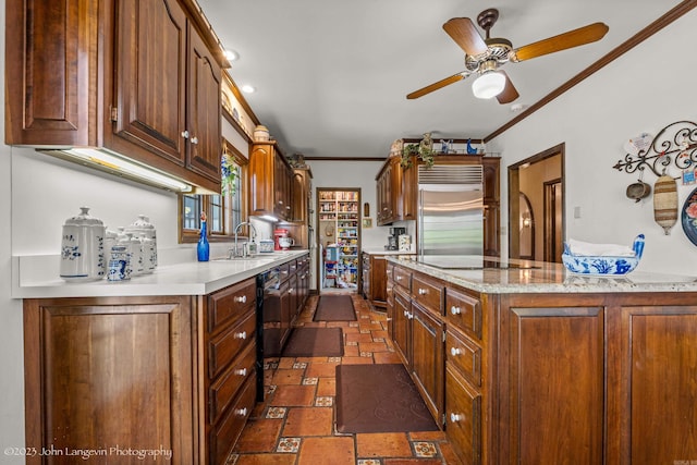 1920 Airpark Rd, Wynne, AR 72396 - kitchen featuring black appliances, ornamental molding, ceiling fan, a sink, and dark stone finish floors