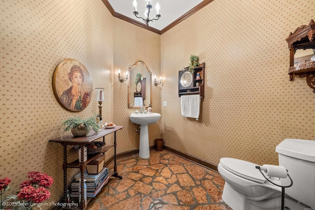 1920 Airpark Rd, Wynne, AR 72396 - half bath featuring ornamental molding, a chandelier, toilet, baseboards, and wallpapered walls