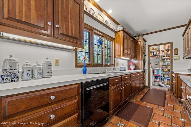 1920 Airpark Rd, Wynne, AR 72396 - kitchen with black dishwasher, a sink, crown molding, and light countertops