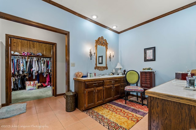 1920 Airpark Rd, Wynne, AR 72396 - bathroom with crown molding, vanity, tile patterned floors, baseboards, and recessed lighting