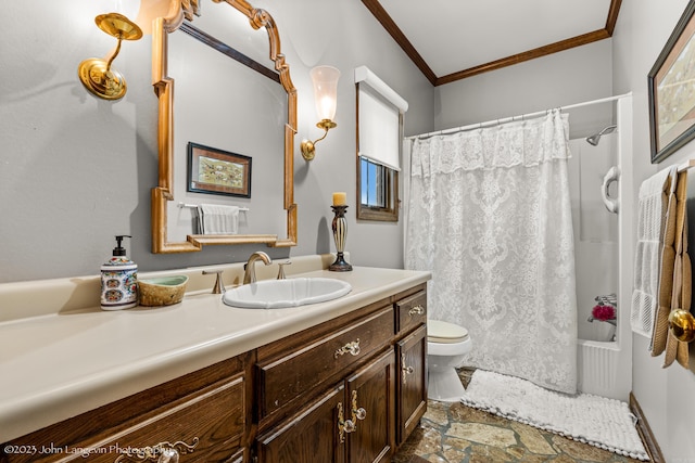 1920 Airpark Rd, Wynne, AR 72396 - bathroom featuring crown molding, stone finish flooring, toilet, vanity, and shower / tub combo