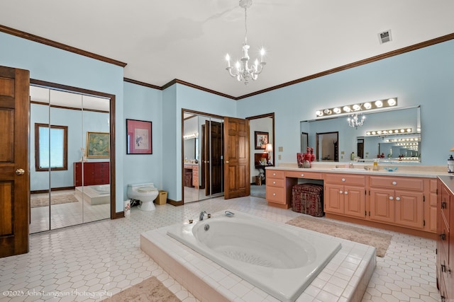1920 Airpark Rd, Wynne, AR 72396 - bathroom featuring a chandelier, ornamental molding, a garden tub, vanity, and baseboards