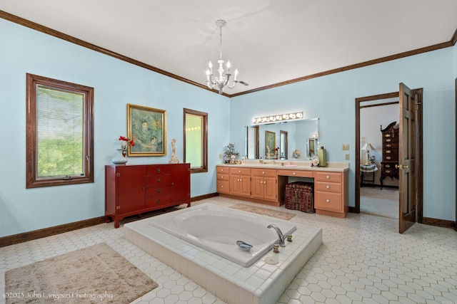 1920 Airpark Rd, Wynne, AR 72396 - ensuite bathroom featuring a chandelier, ornamental molding, baseboards, vanity, and a bath