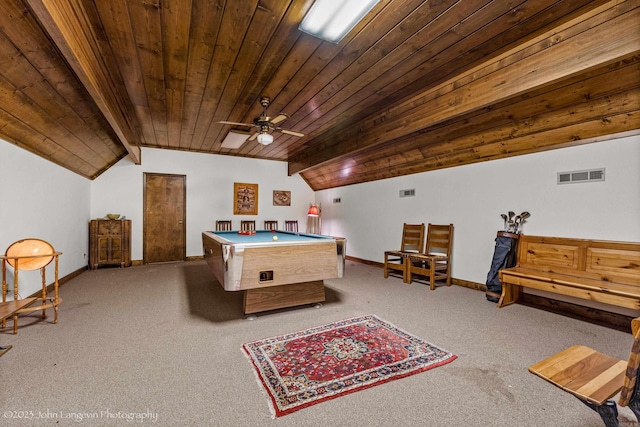 1920 Airpark Rd, Wynne, AR 72396 - rec room with wooden ceiling, pool table, carpet, baseboards, and a ceiling fan