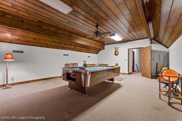 1920 Airpark Rd, Wynne, AR 72396 - recreation room with wood ceiling, carpet, vaulted ceiling, pool table, and a ceiling fan