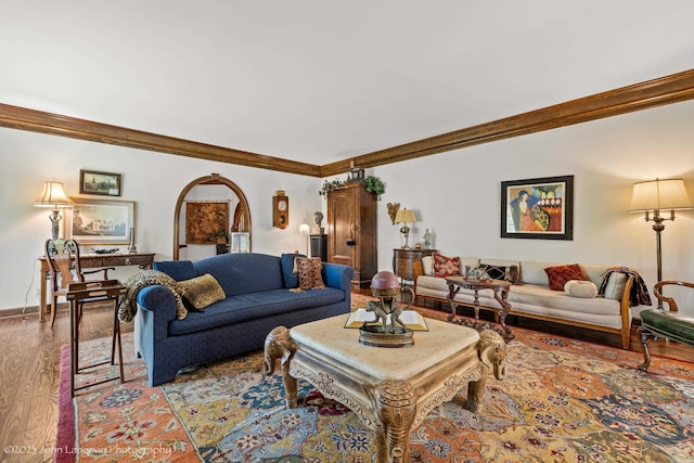 1920 Airpark Rd, Wynne, AR 72396 - living area with ornamental molding, wood finished floors, baseboards, and arched walkways