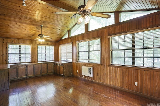 29 Flintwood Dr, Little Rock, AR 72227 - unfurnished room featuring ceiling fan, wooden ceiling, wooden walls, dark wood-style floors, and lofted ceiling