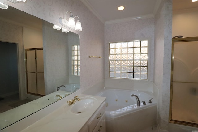 bathroom with a stall shower, crown molding, a tub with jets, wallpapered walls, and vanity