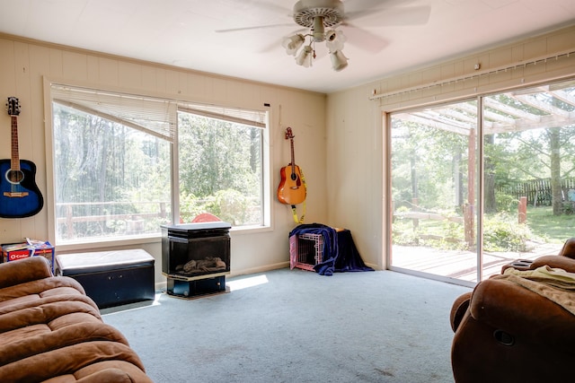 312 N E St, Harrisburg, AR 72432 - carpeted living area with a wood stove, ceiling fan, and baseboards