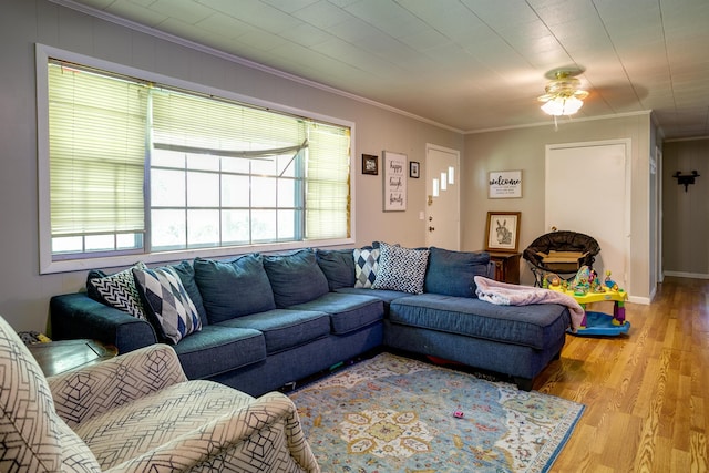 312 N E St, Harrisburg, AR 72432 - living room featuring ornamental molding, light wood finished floors, and ceiling fan