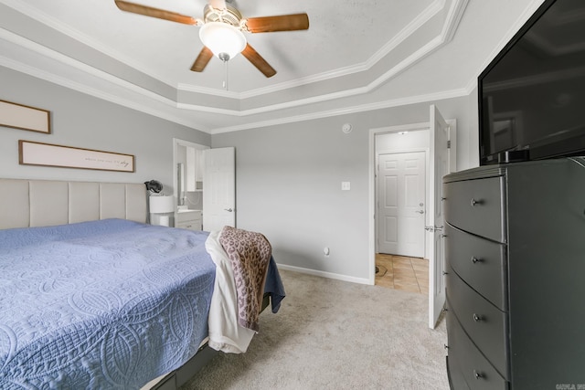 142 Peach St, Austin, AR 72007 - bedroom featuring a tray ceiling, light colored carpet, baseboards, crown molding, and ceiling fan
