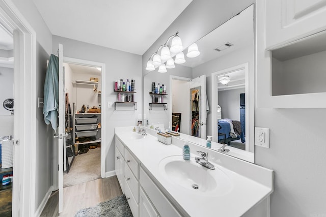 142 Peach St, Austin, AR 72007 - bathroom featuring wood finished floors, double vanity, and a walk in closet