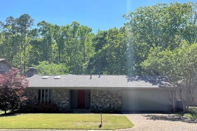 3112 Echo Valley Dr, Little Rock, AR 72227 - view of front of property featuring stone siding, an attached garage, driveway, a front lawn, and a chimney