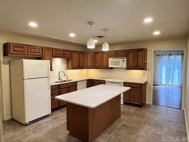 3112 Echo Valley Dr, Little Rock, AR 72227 - kitchen with white appliances, a sink, light countertops, decorative backsplash, and recessed lighting