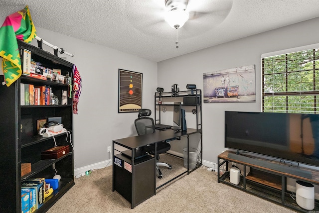 4 Desoto Forest Cv, Little Rock, AR 72211 - carpeted home office featuring a textured ceiling, a ceiling fan, and baseboards