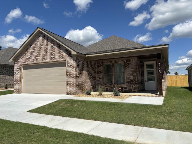 ranch-style house featuring brick siding, an attached garage, driveway, and roof with shingles