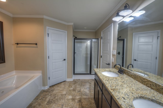 199 Hillshire Loop, Hot Springs, AR 71913 - bathroom with a stall shower, baseboards, a bath, double vanity, and ornamental molding