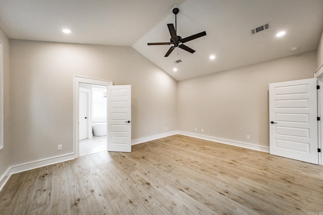 912 Lakeshore Dr, Heber Springs, AR 72543 - unfurnished bedroom with light wood-style flooring, vaulted ceiling, baseboards, recessed lighting, and ceiling fan