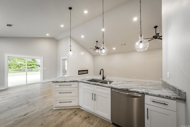 912 Lakeshore Dr, Heber Springs, AR 72543 - kitchen with dishwasher, a sink, open floor plan, a ceiling fan, and high vaulted ceiling