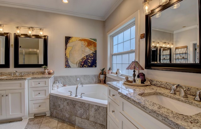 12420 Brodie Creek Trl, Little Rock, AR 72211 - bathroom with a garden tub, crown molding, two vanities, tile patterned flooring, and a shower with door