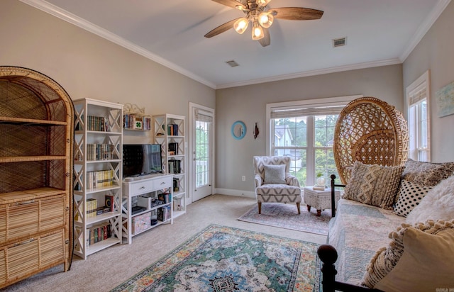 12420 Brodie Creek Trl, Little Rock, AR 72211 - carpeted living room with a ceiling fan, crown molding, and baseboards