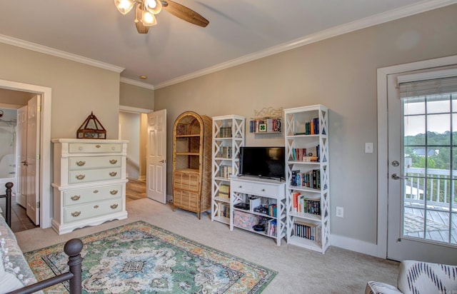12420 Brodie Creek Trl, Little Rock, AR 72211 - living area with a ceiling fan, crown molding, carpet, and baseboards