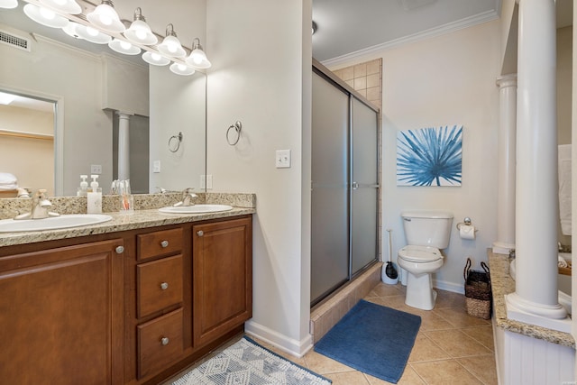full bathroom with decorative columns, crown molding, toilet, a stall shower, and tile patterned flooring