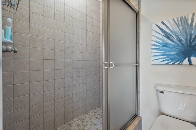 full bathroom featuring a stall shower and toilet