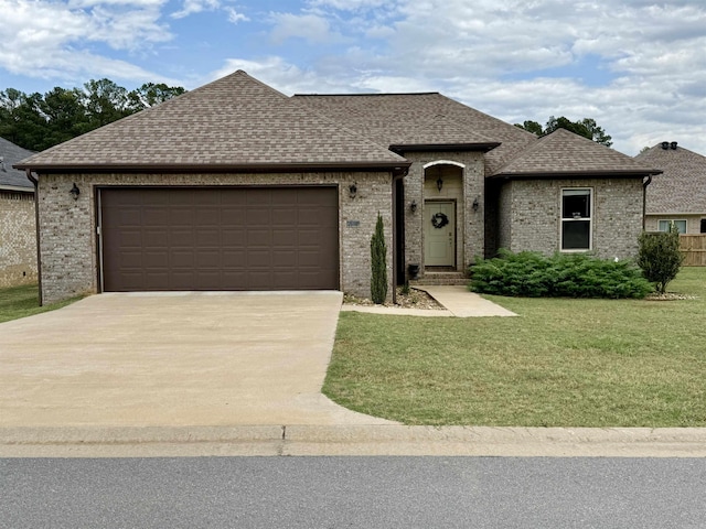 french provincial home with a shingled roof, concrete driveway, brick siding, a front yard, and a garage